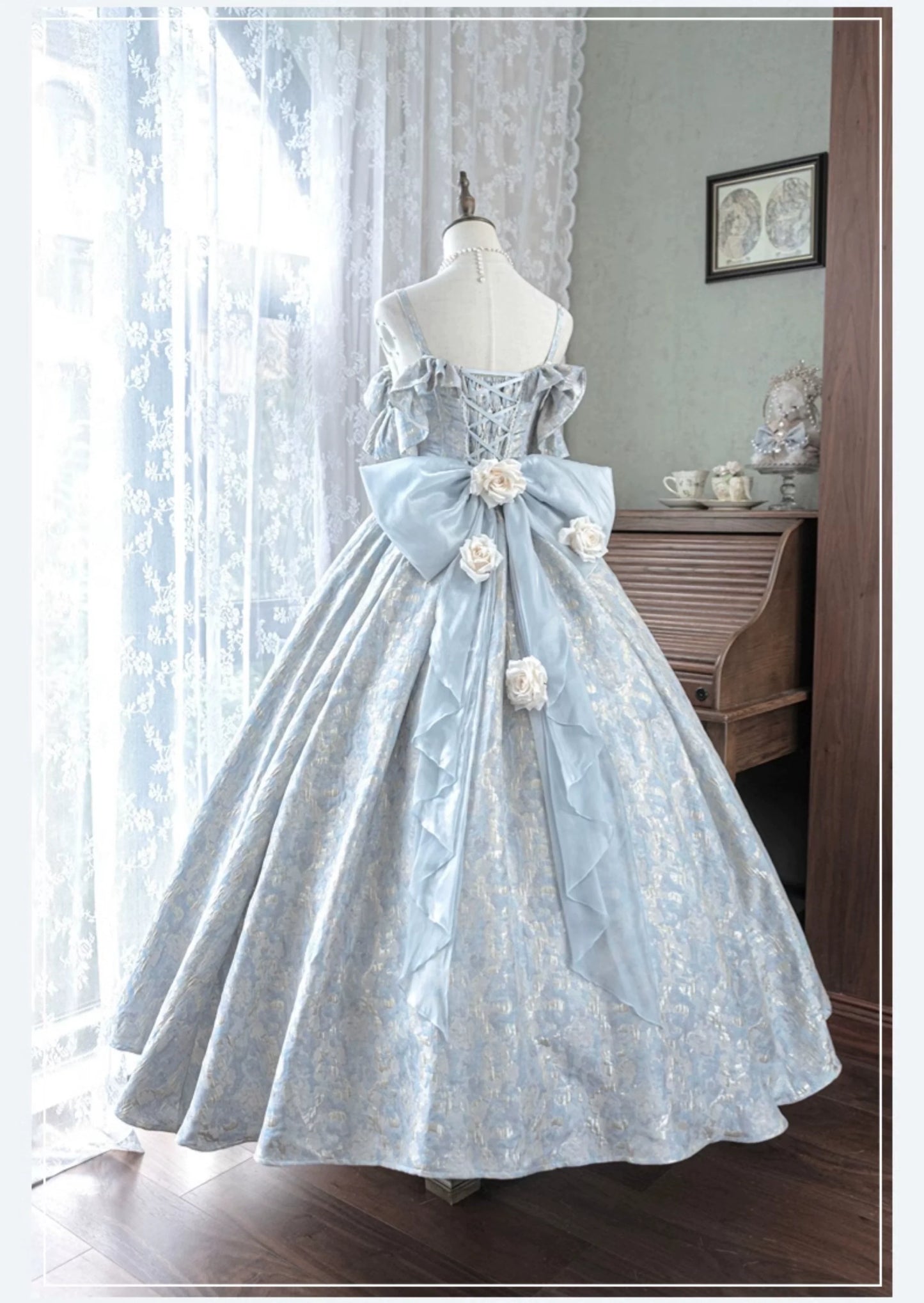 Nectarine White Tea - Rossia Salutes - Embossed Jacquard, Rose Accent, Bridal Wedding Lolita JSK Dress