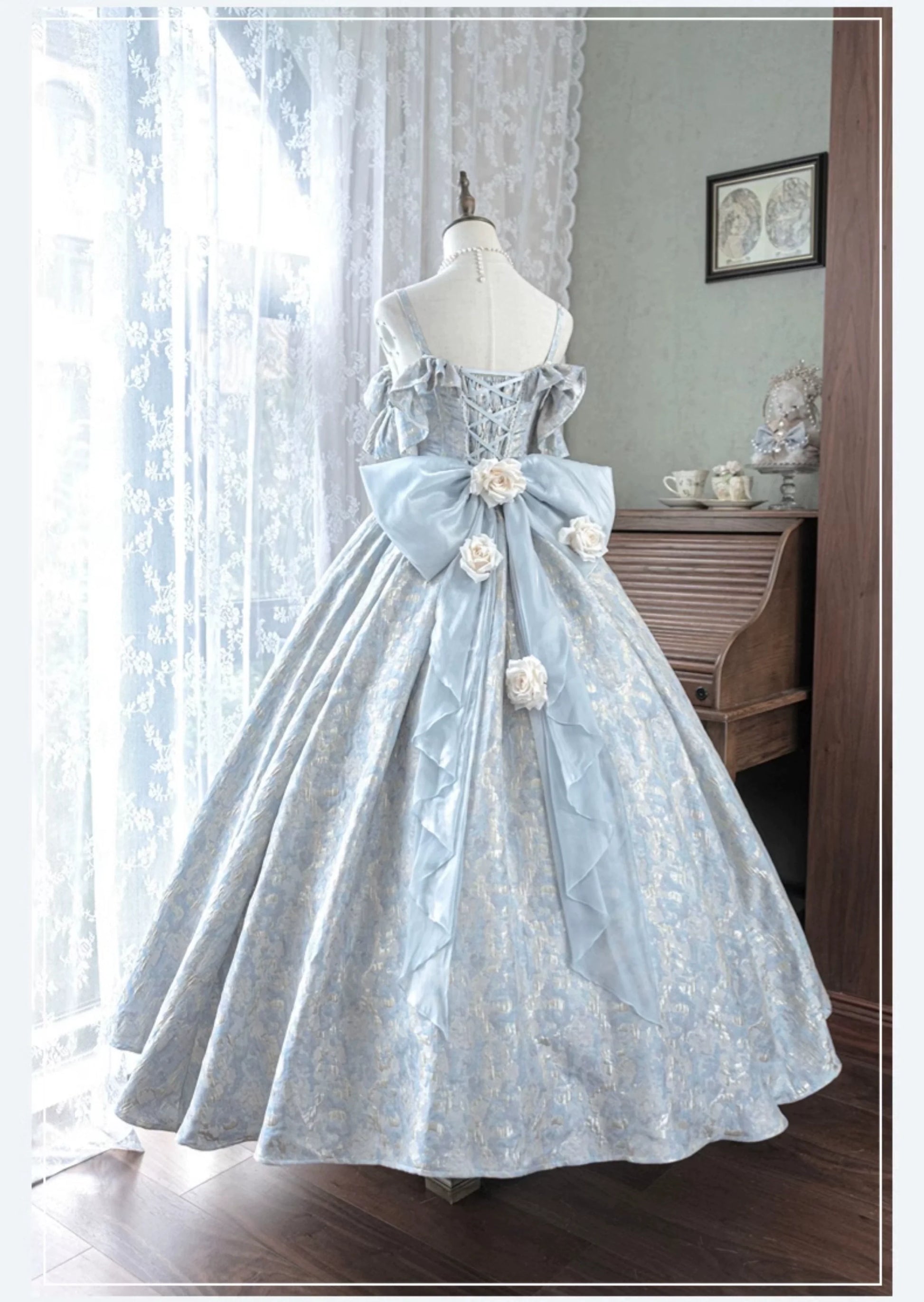 Nectarine White Tea - Rossia Salutes - Embossed Jacquard, Rose Accent, Bridal Wedding Lolita JSK Dress