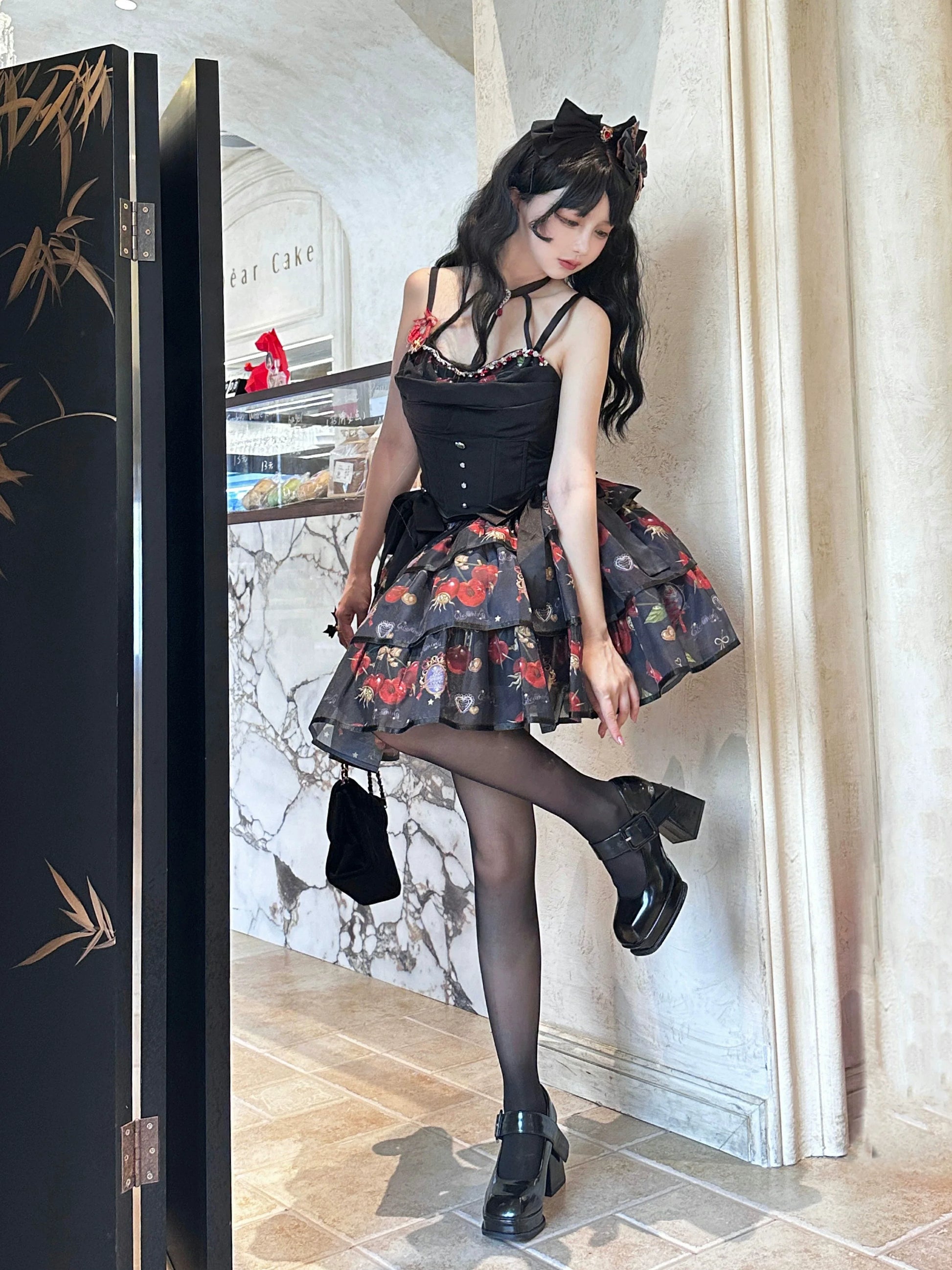 Gloaming - Sweet Lolita Cherry print Short Sleeve OP and SK Set