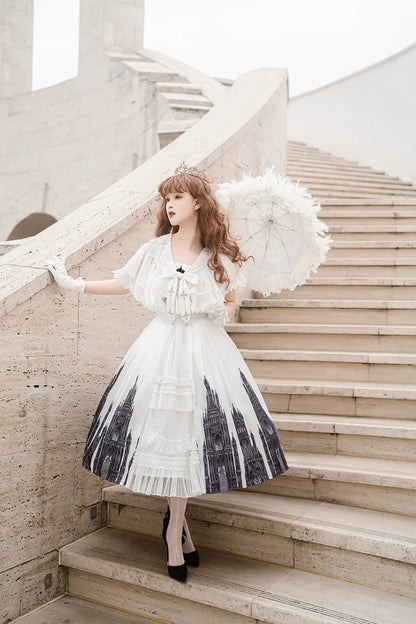 Cornfield Lolita - Silent Church - Gothic Lolita JSK Front Open Printed Dress and Thin Cardigan Set