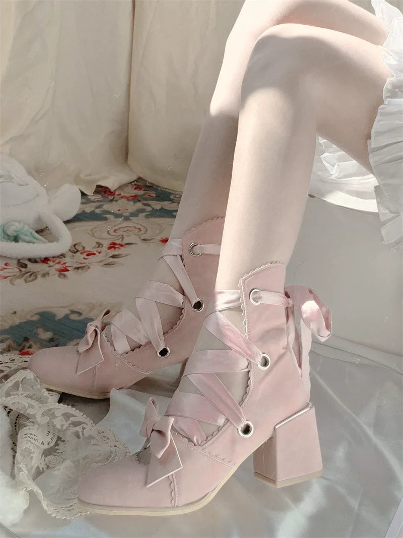 MR.Qiutian - Muse Kiss - Elegant Lolita Shoes Lace-up Bow Heels Round Toe