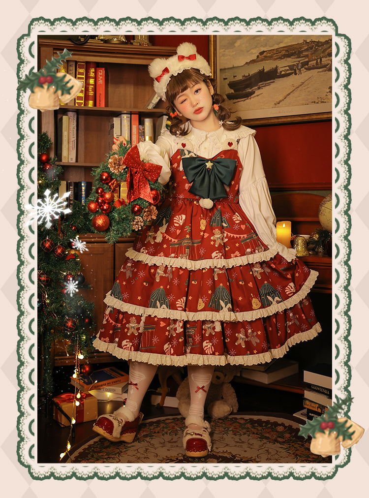 Yingtang - Plus Size Lolita Dress Set Christmas Winter Two-piece