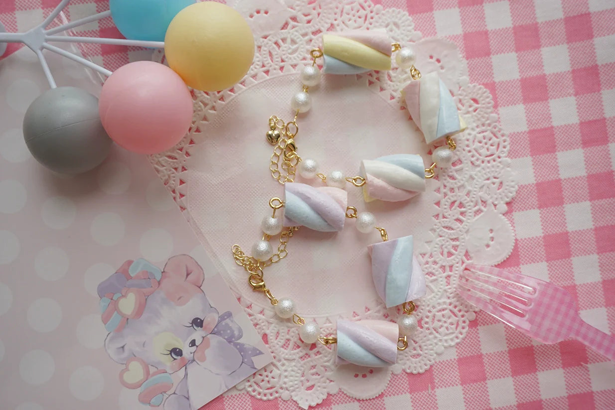 Cat Tea Party - Sweet Lolita Accessories Simulated Cotton Candy Clay Bracelet Necklace