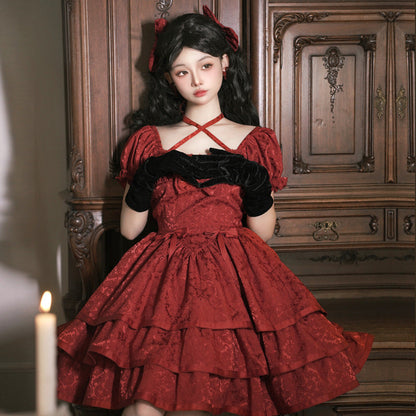 Eieyom - Elegant Lolita Short Sleeve Red Dress