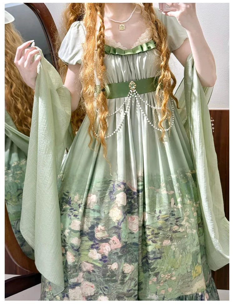 With PUJI - Blooming Rose - Chiffon Classic Lolita Dress Set Painting Styled OP & JSK