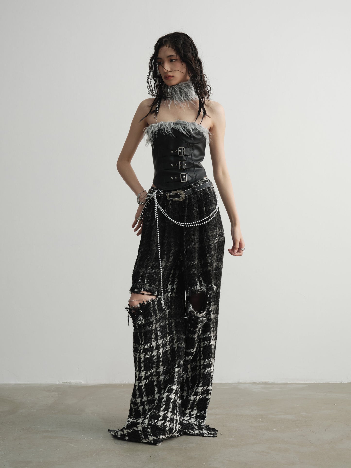 Punk Heavy Sense Raw Edge Gradient Wide Leg Plaid Trousers