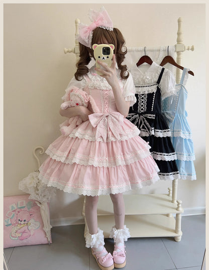 TaTaTa Lolita - Otome Heart - Cotton Old School Lolita JSK Dress Suit, Heart-Shaped Lace Trim