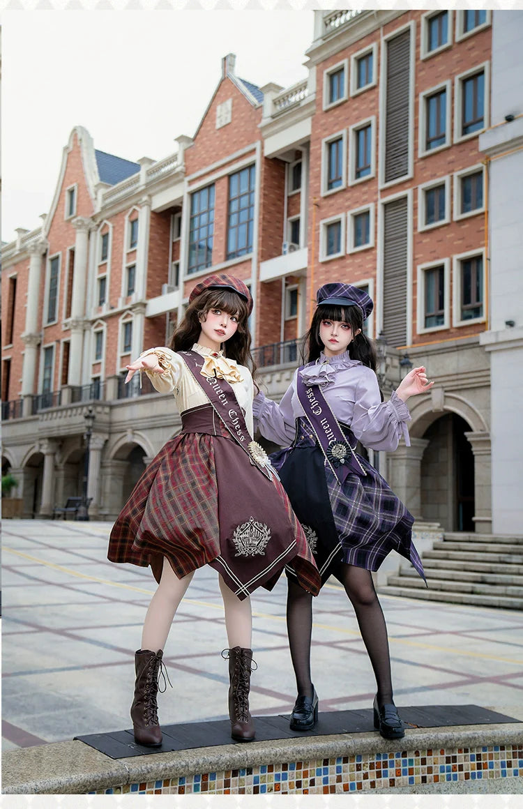 Forest Fluorescent Carps - Queen's Game - Military Lolita OP, Ouji Plaid Lolita Dress Set