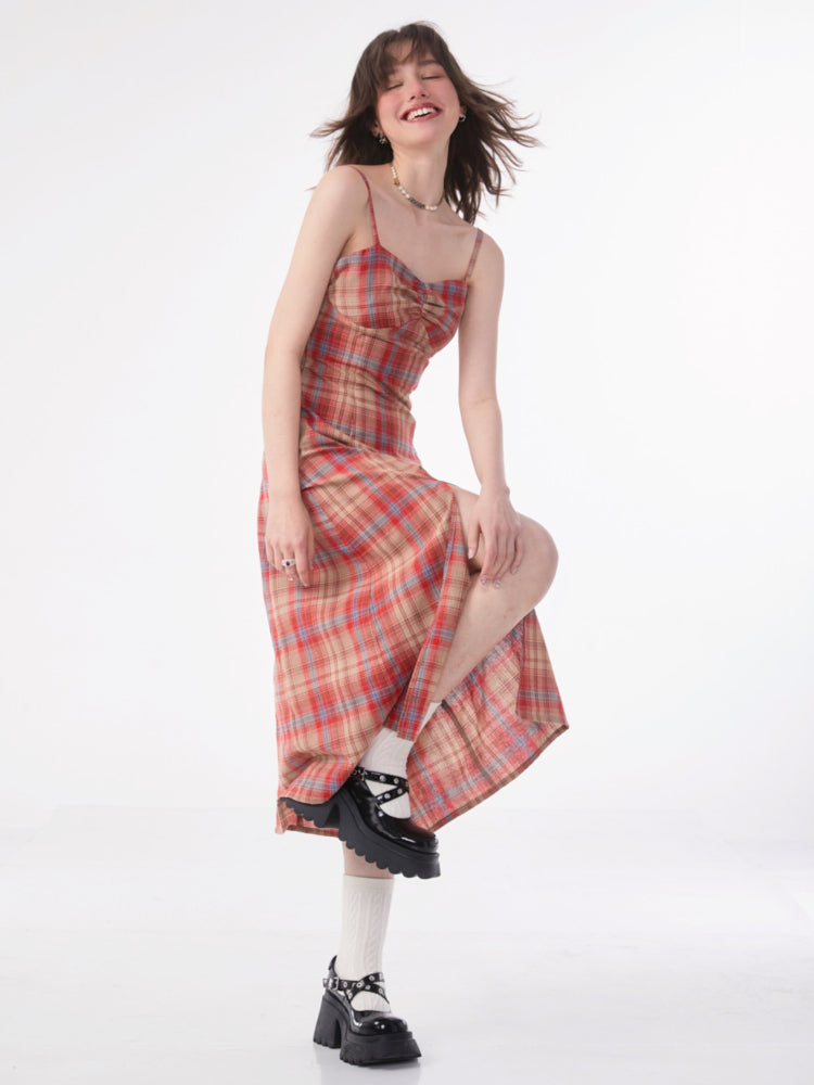 Retro plaid suspender dress【s0000007831】