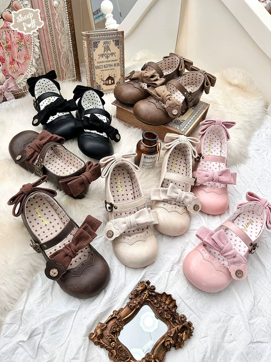 Sheep Puff - Bear Room - Sweet Lolita Shoes Double Bow Round Toe Flat Shoes