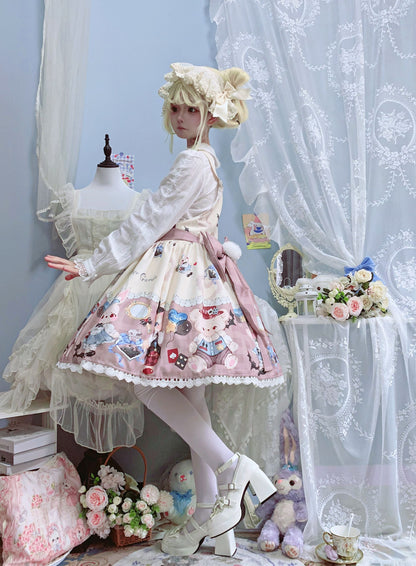 Night Never Sleeps - Bunny Meow Bear - Kawaii Lolita Salopette Bear Print Dress