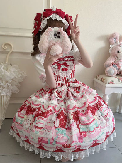 Hanguliang - Cherry Bake Song - Kawaii Lolita JSK Dress With Dessert Print & Cherry Bow
