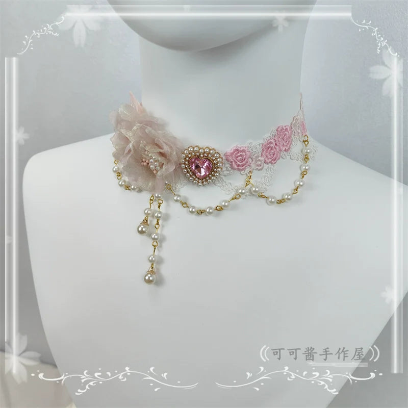 Cocoa Jam - Elegant Lolita Necklace Rose Gemstones and Pearl Necklace