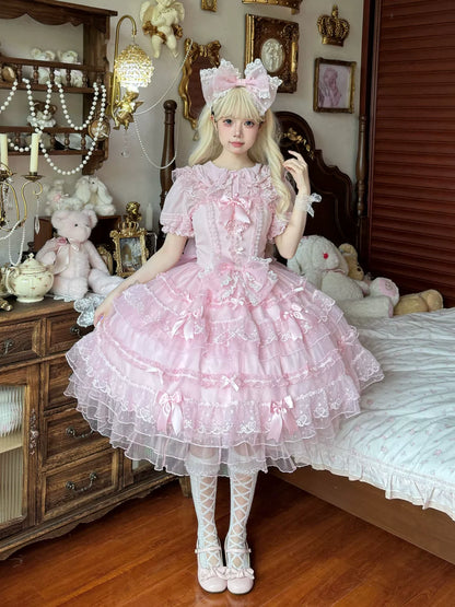 Hanguliang - Fudie Heart - Sweet Lolita JSK Dress With Tiered Skirt and Bow Trailing