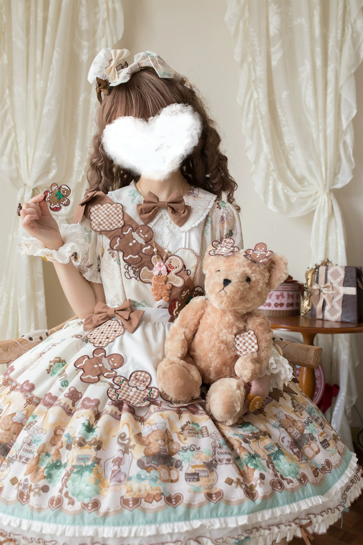 Babyblue - Little Bear Honey Jar - Kawaii Lolita Short Sleeve OP Gingerbread Man Embroidered Dress