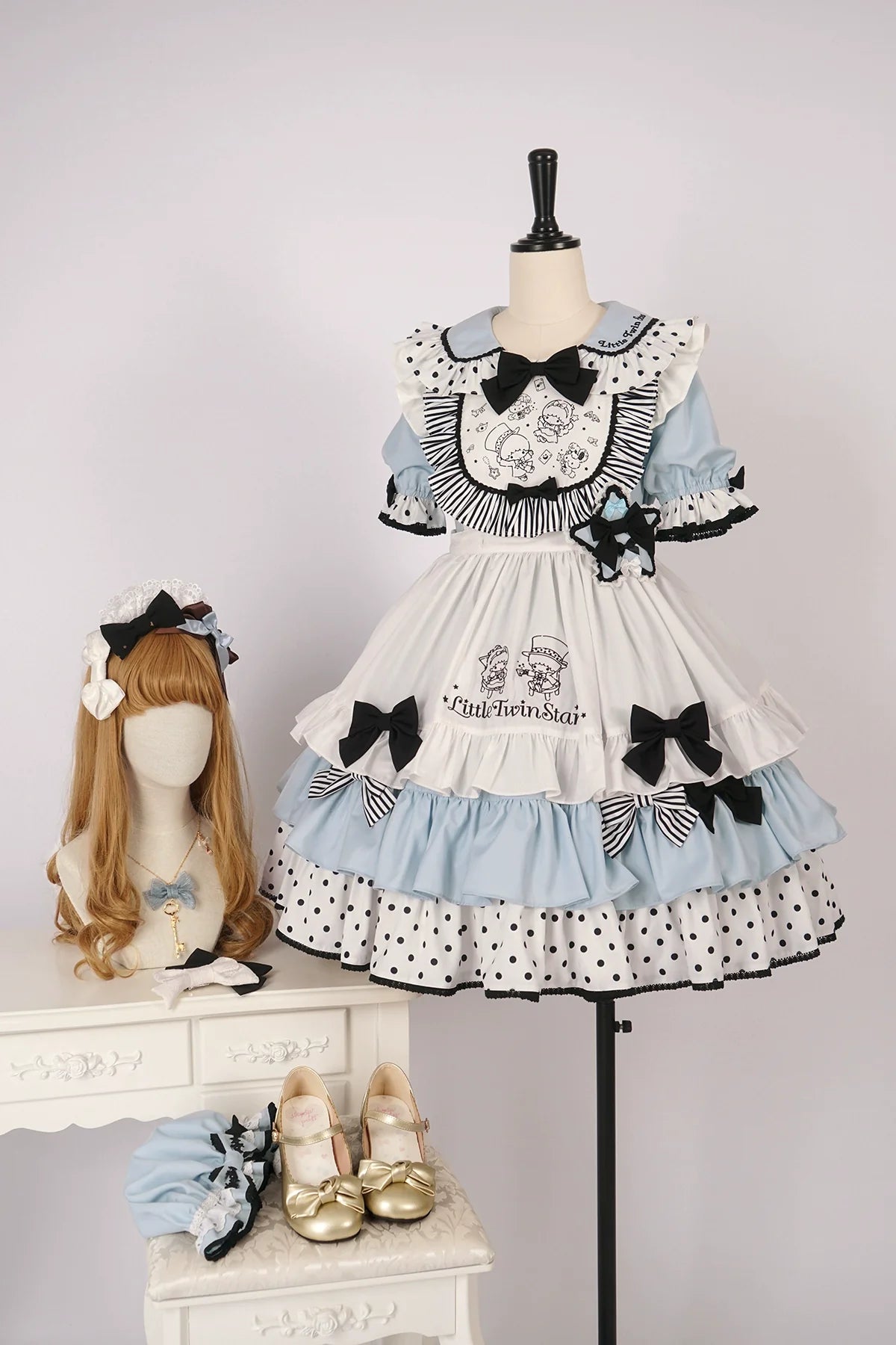 Vcastle - Sweet Lolita OP Dress Splicing Sleeve Apron Dot Print Dress