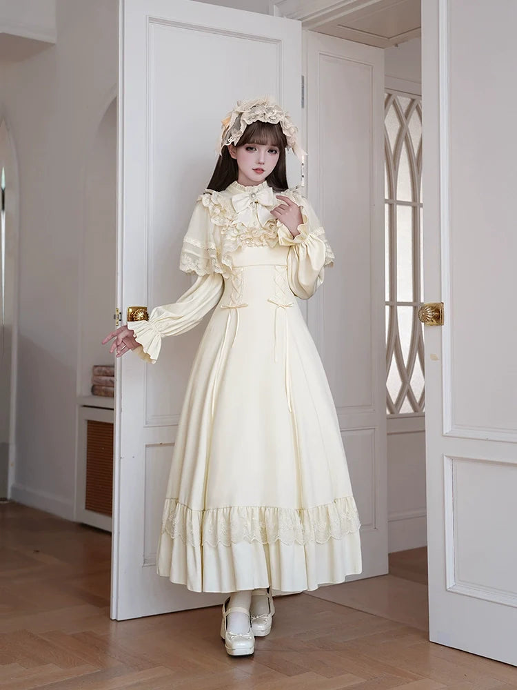With PUJI - White Daylight - Elegant Lolita Long Sleeve OP Dress, Side Zipper