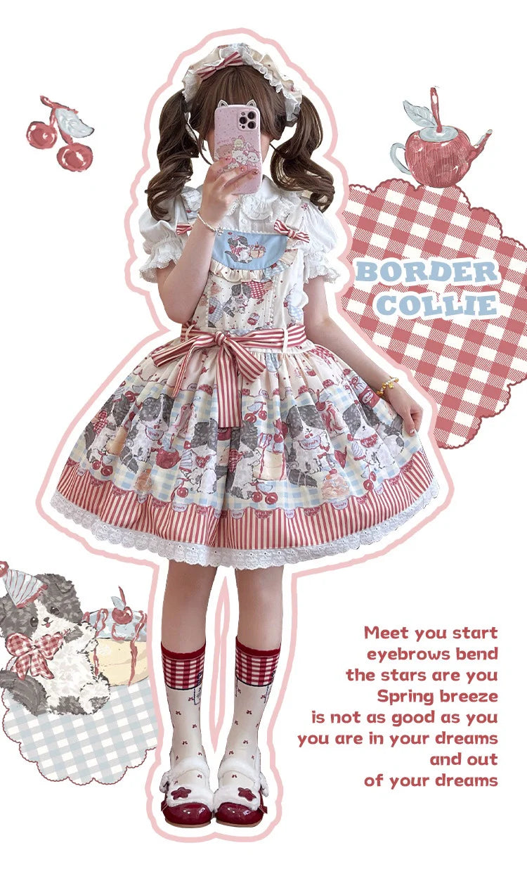 Akiyama Future Studio - Border Collie Cherry - Kawaii Lolita Salopette Cherry Print Dress