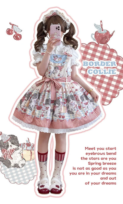 Akiyama Future Studio - Border Collie Cherry - Kawaii Lolita Salopette Cherry Print Dress