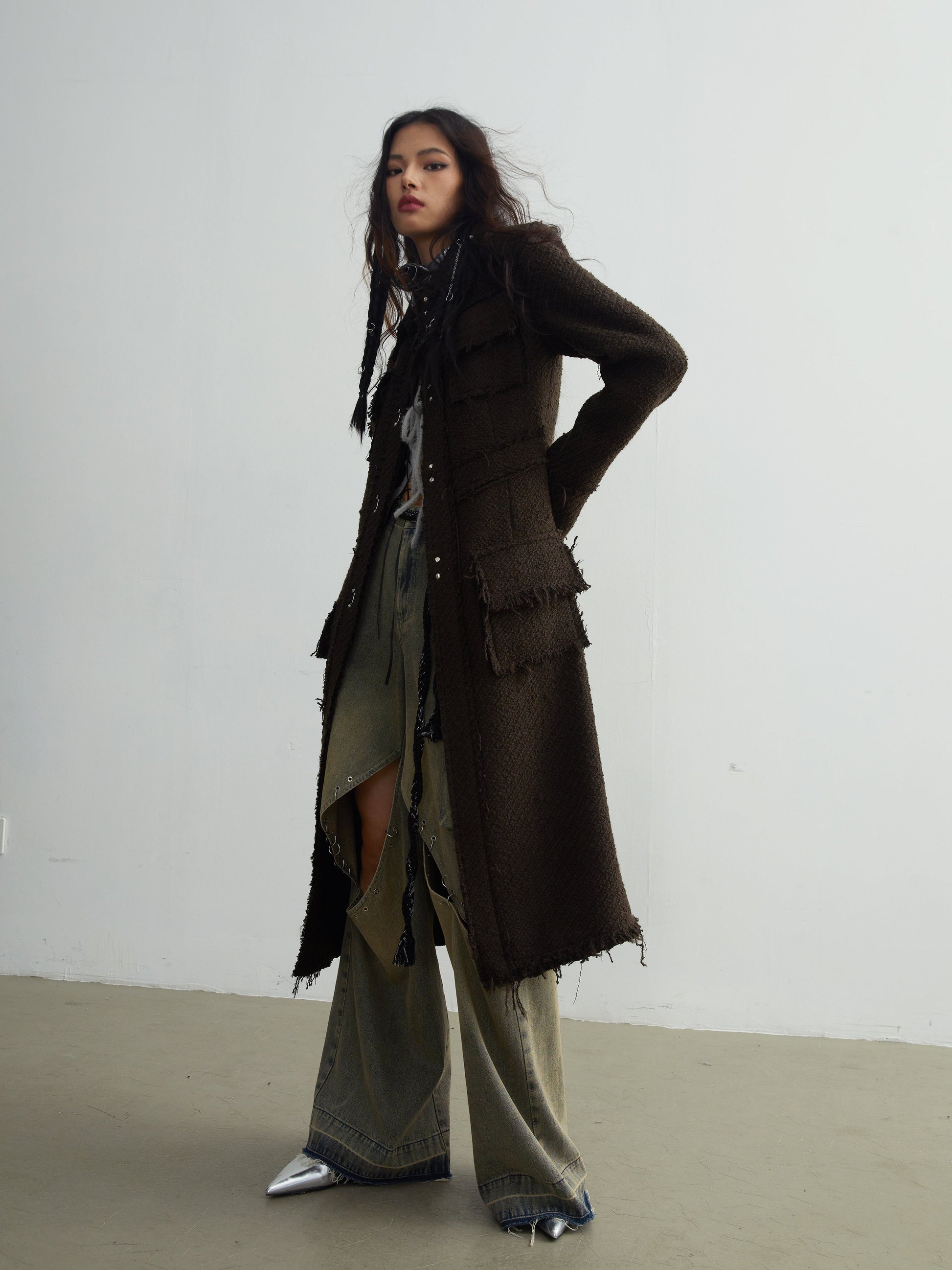 Raw Edge Long Tweed Texture Jacket