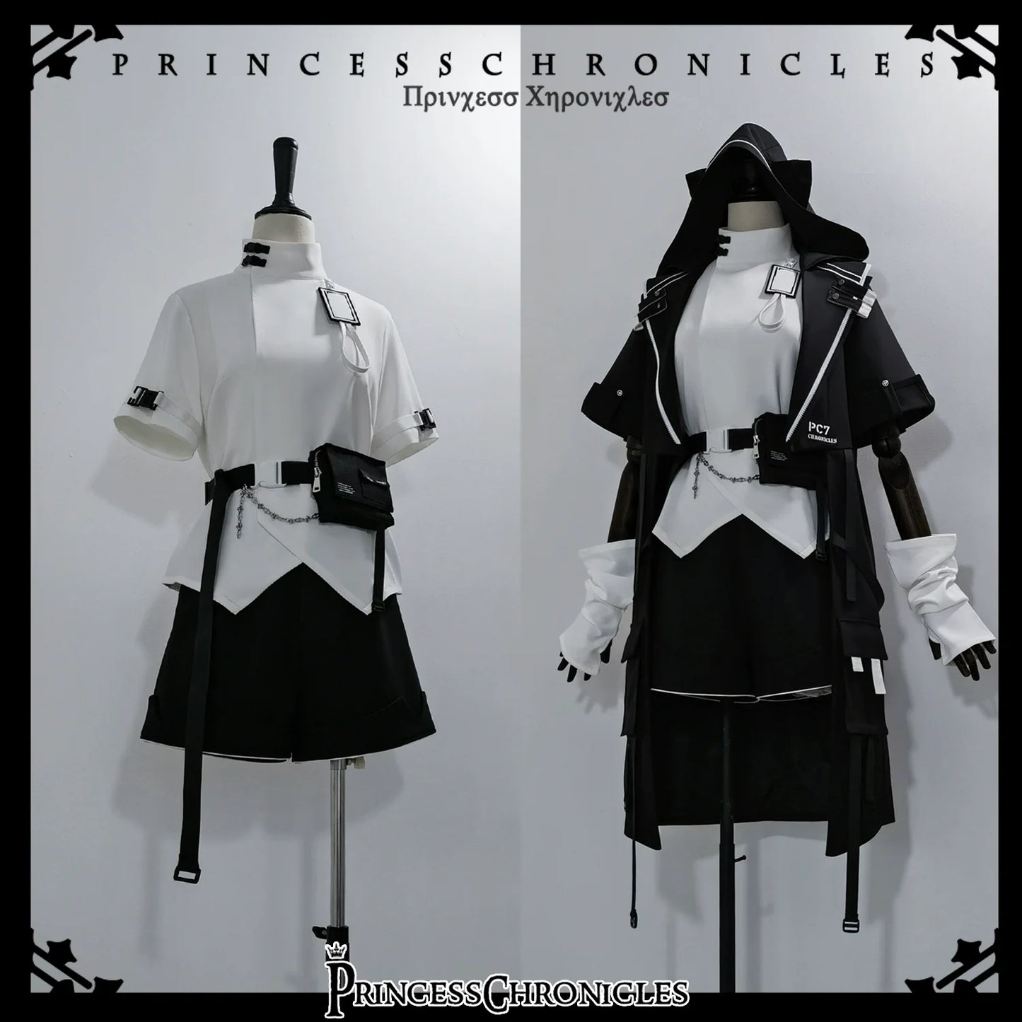 Princess Chronicles - White Cat Dark - Techwear Cyberpunk Cat Ear Hooded Jacket, Pocket Shorts