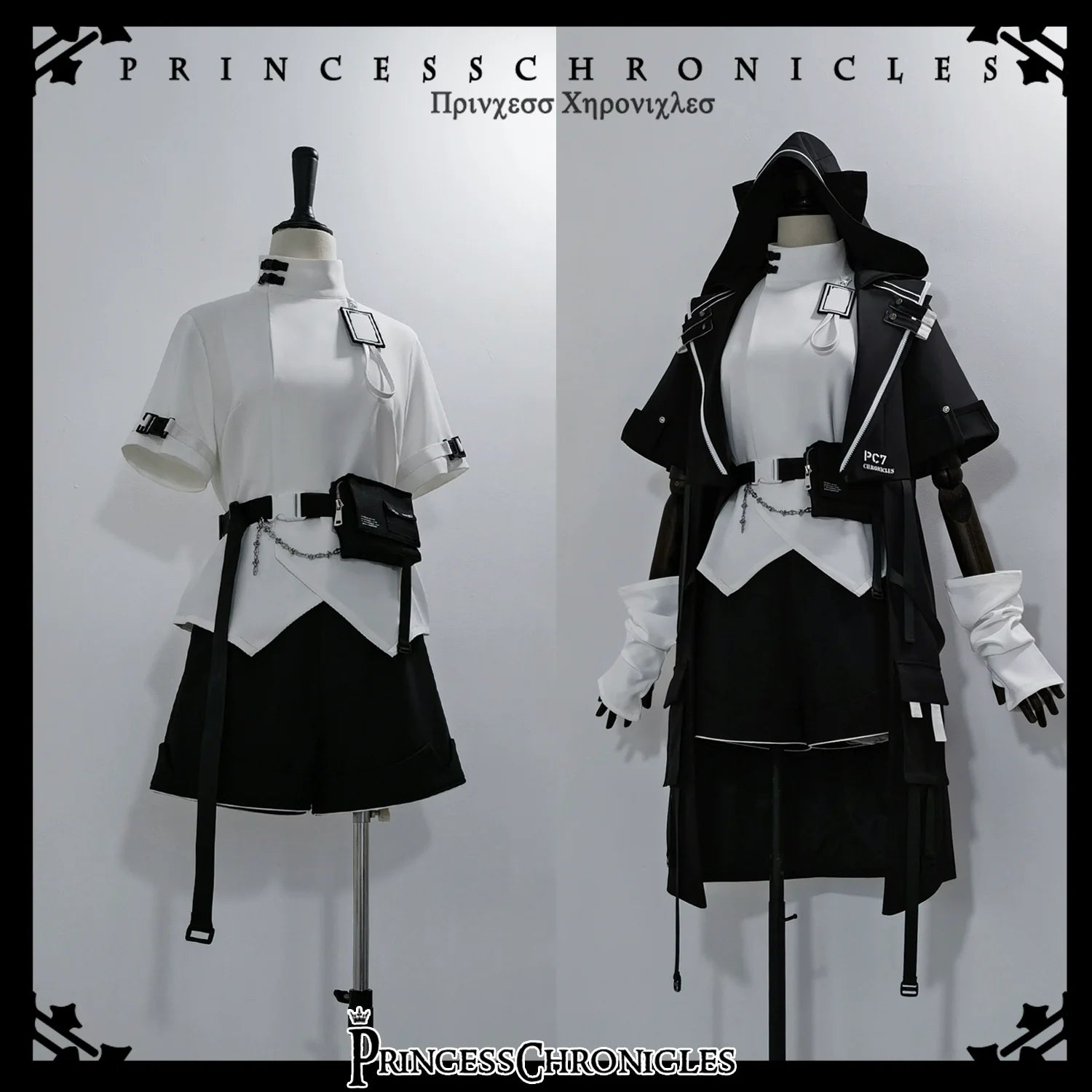 Princess Chronicles - White Cat Dark - Techwear Cyberpunk Cat Ear Hooded Jacket, Pocket Shorts