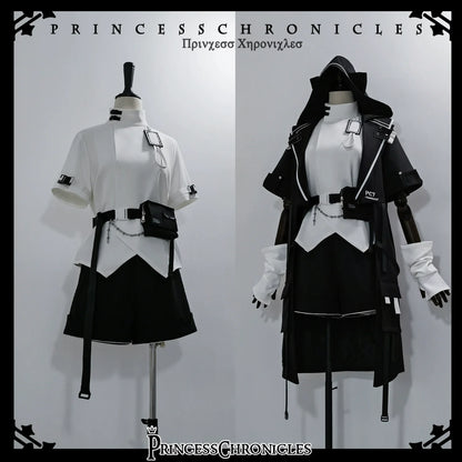 Princess Chronicles - White Cat Dark - Techwear Cyberpunk Cat Ear Hooded Jacket, Pocket Shorts