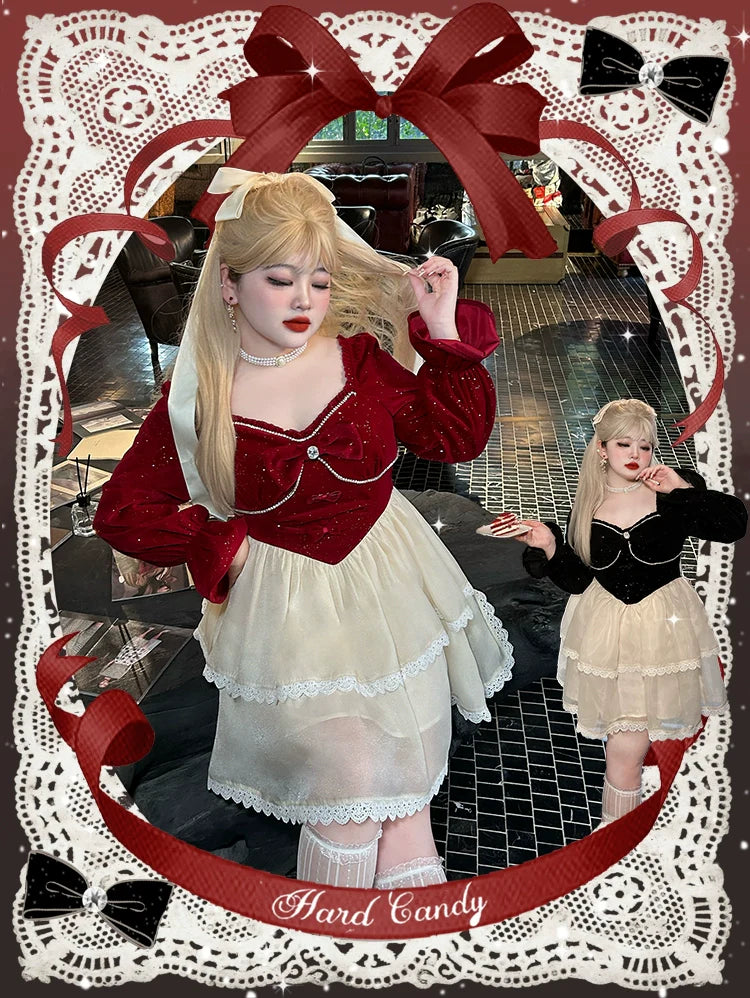 Yingtang - Plus Size Lolita Dress Velvet Long Sleeve