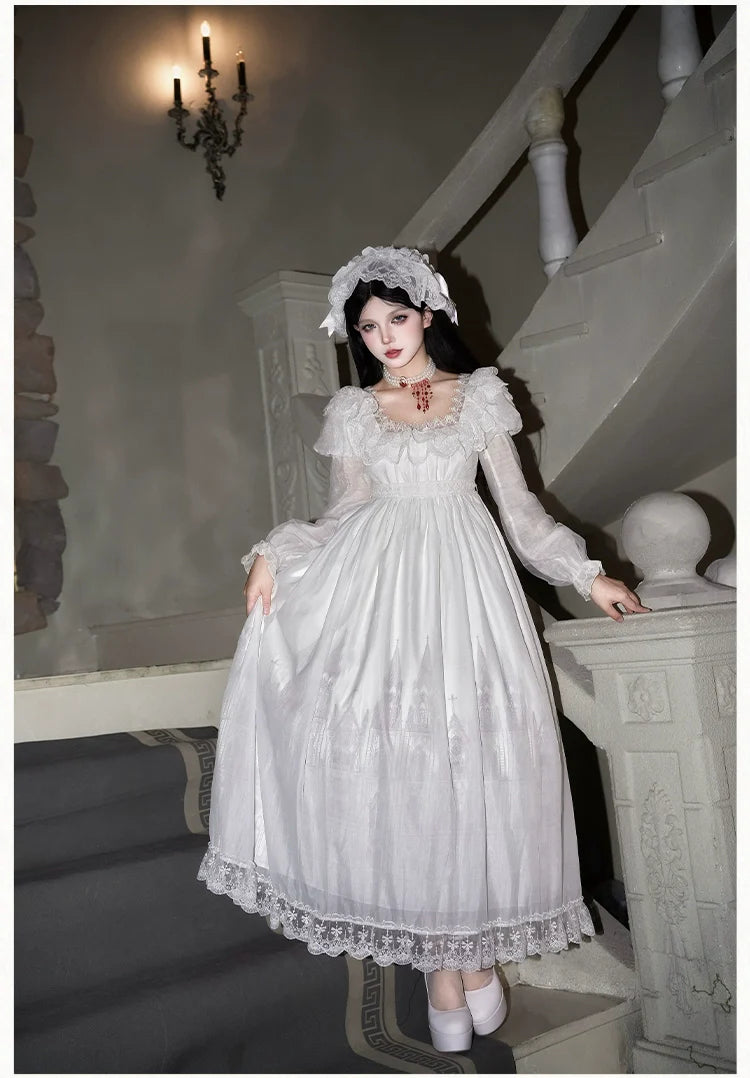 With PUJI - Dawn's Last Light - Castle Printed White Gothic Lolita OP, Two Length Styles