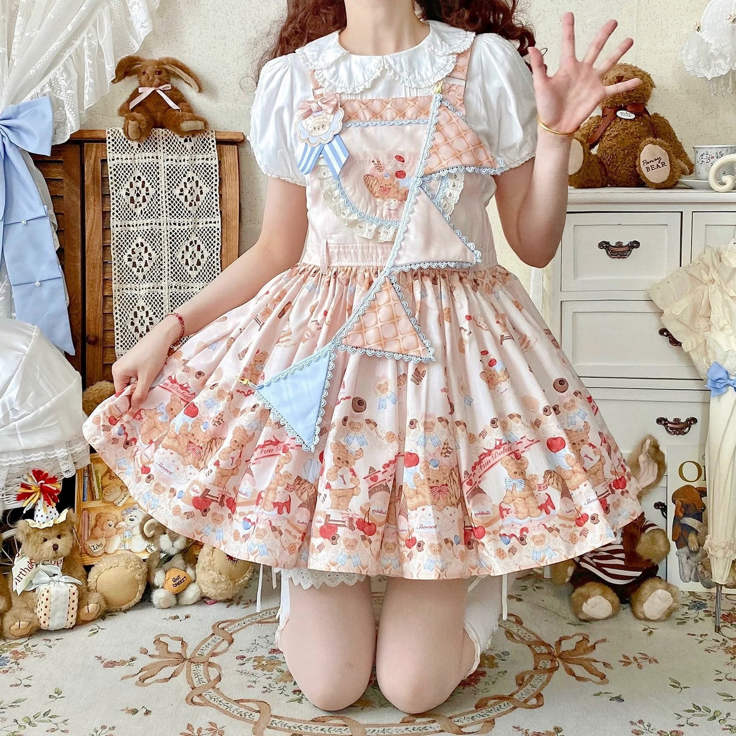 White Tea Story - Little Bear Bonny - Kawaii Lolita Salopette, Bear & Dessert Print