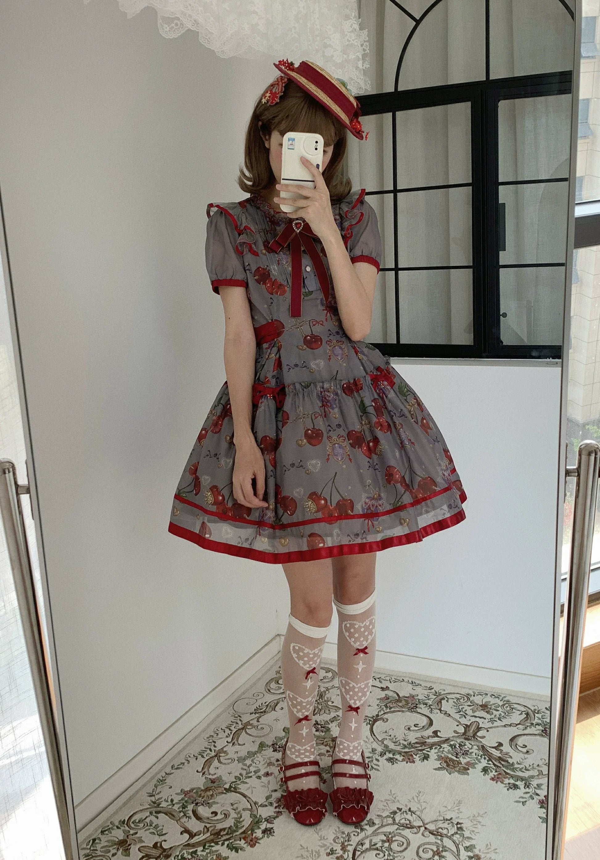 Gloaming - Sweet Lolita Cherry print Short Sleeve OP and SK Set