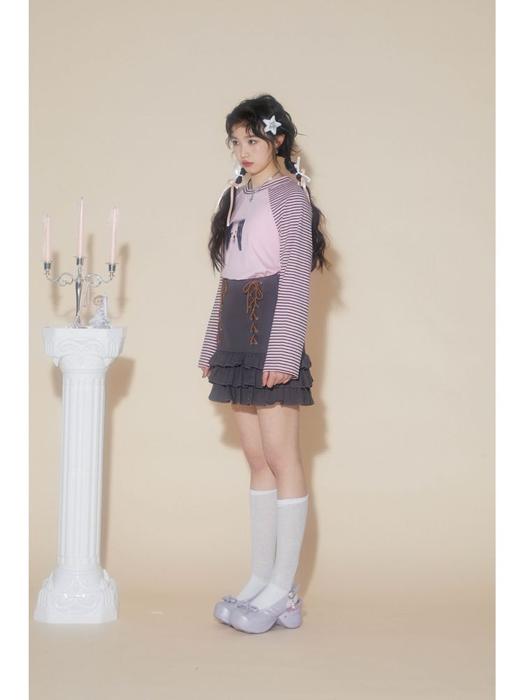 Pink striped print T-shirt【s0000001548】