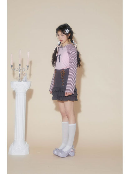 Pink striped print T-shirt【s0000001548】