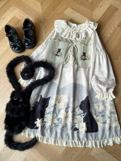 Akiyama Future Studio - Black Cat and Lily - Loose Kawaii Lolita OP Dress with Vest and Hat