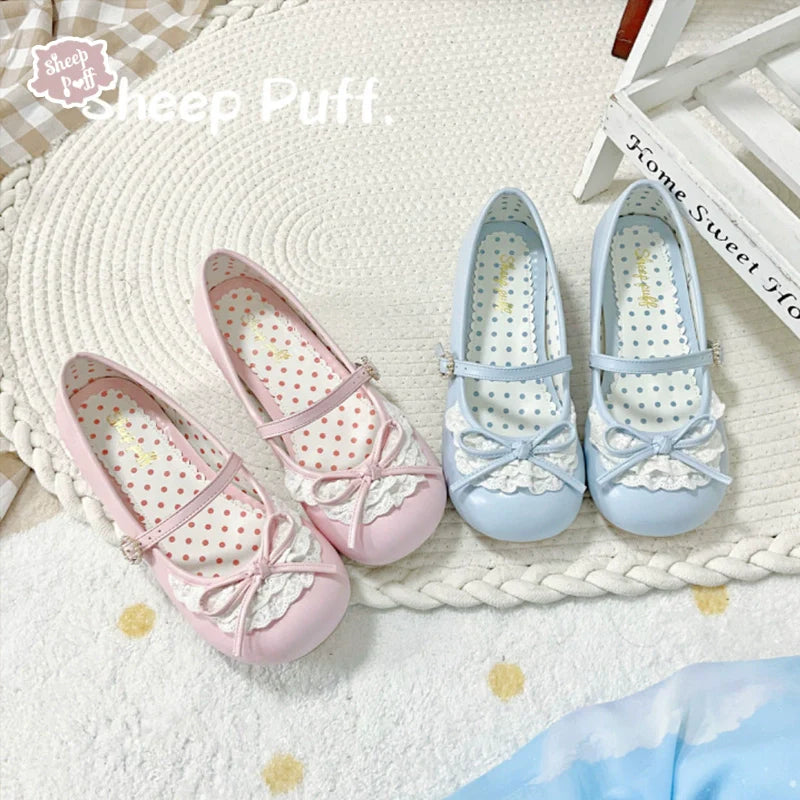 Sheep Puff - Young Layla - Vintage Lolita Shoes Low Heel Butterfly Shoes