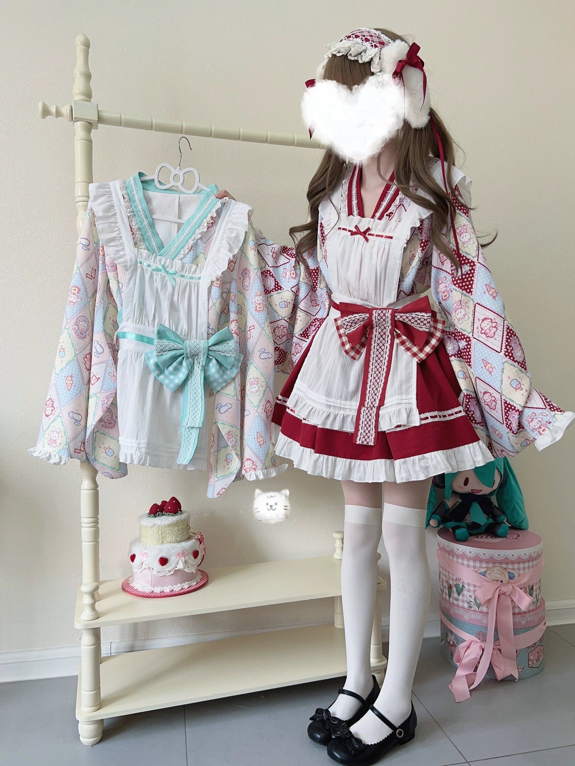 Sugar Girl - Showa Sweetness - Maid Wa Lolita Skirt Set Cute Summer Lolita Bow Apron