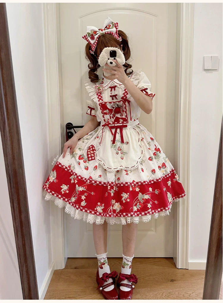 Piggy Bun - Sweet Lolita Shirt Strawberry Embroidery Ivory Blouse