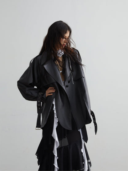 Matte PU Leather Slit Short Coat