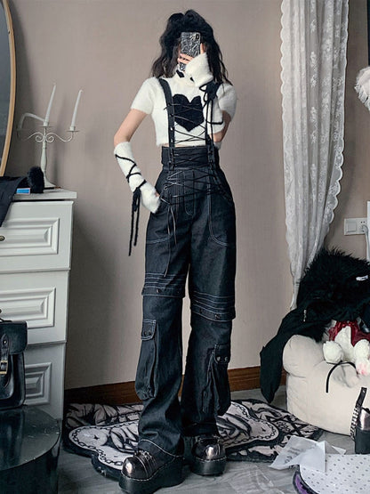 Lace-up style suspender jeans