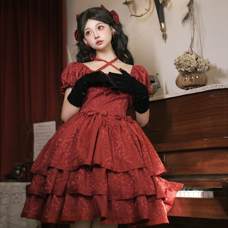 Eieyom - Elegant Lolita Short Sleeve Red Dress