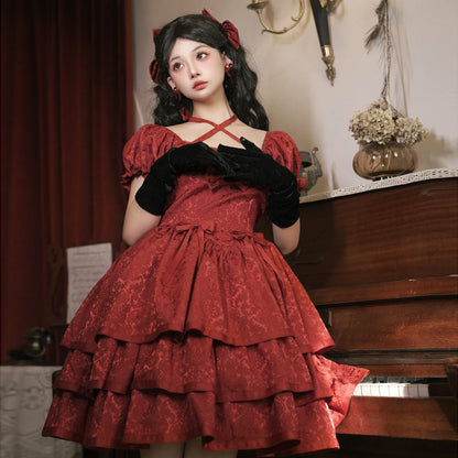Eieyom - Elegant Lolita Short Sleeve Red Dress