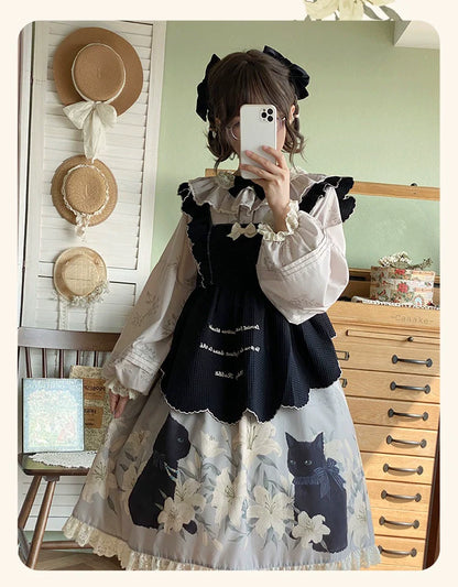 Akiyama Future Studio - Black Cat and Lily - Loose Kawaii Lolita OP Dress with Vest and Hat
