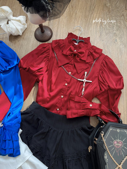 Nn Star - Dragonbone Lily - Gothic Lolita Satin Shirt with Vintage Julie Sleeves