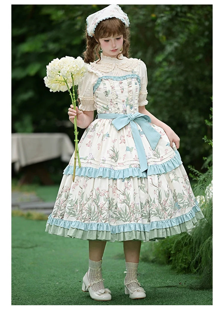 With PUJI - Oriole Time - Country Lolita JSK and OP Dress, Floral and Bird Print