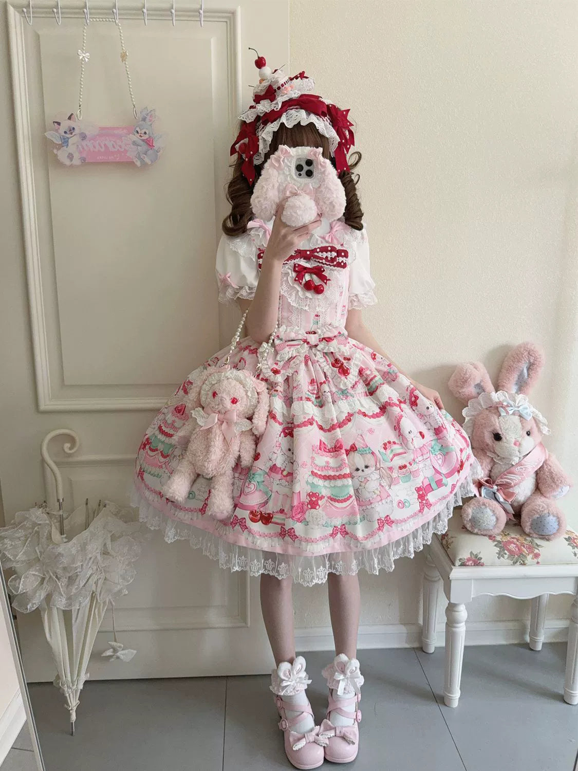 Hanguliang - Cherry Bake Song - Kawaii Lolita JSK Dress With Dessert Print & Cherry Bow