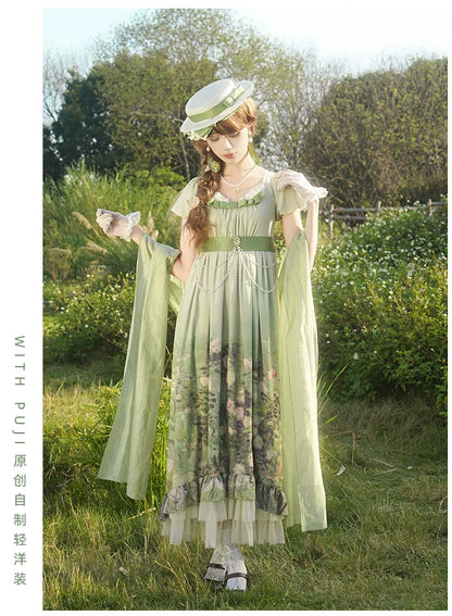 With PUJI - Blooming Rose - Chiffon Classic Lolita Dress Set Painting Styled OP & JSK