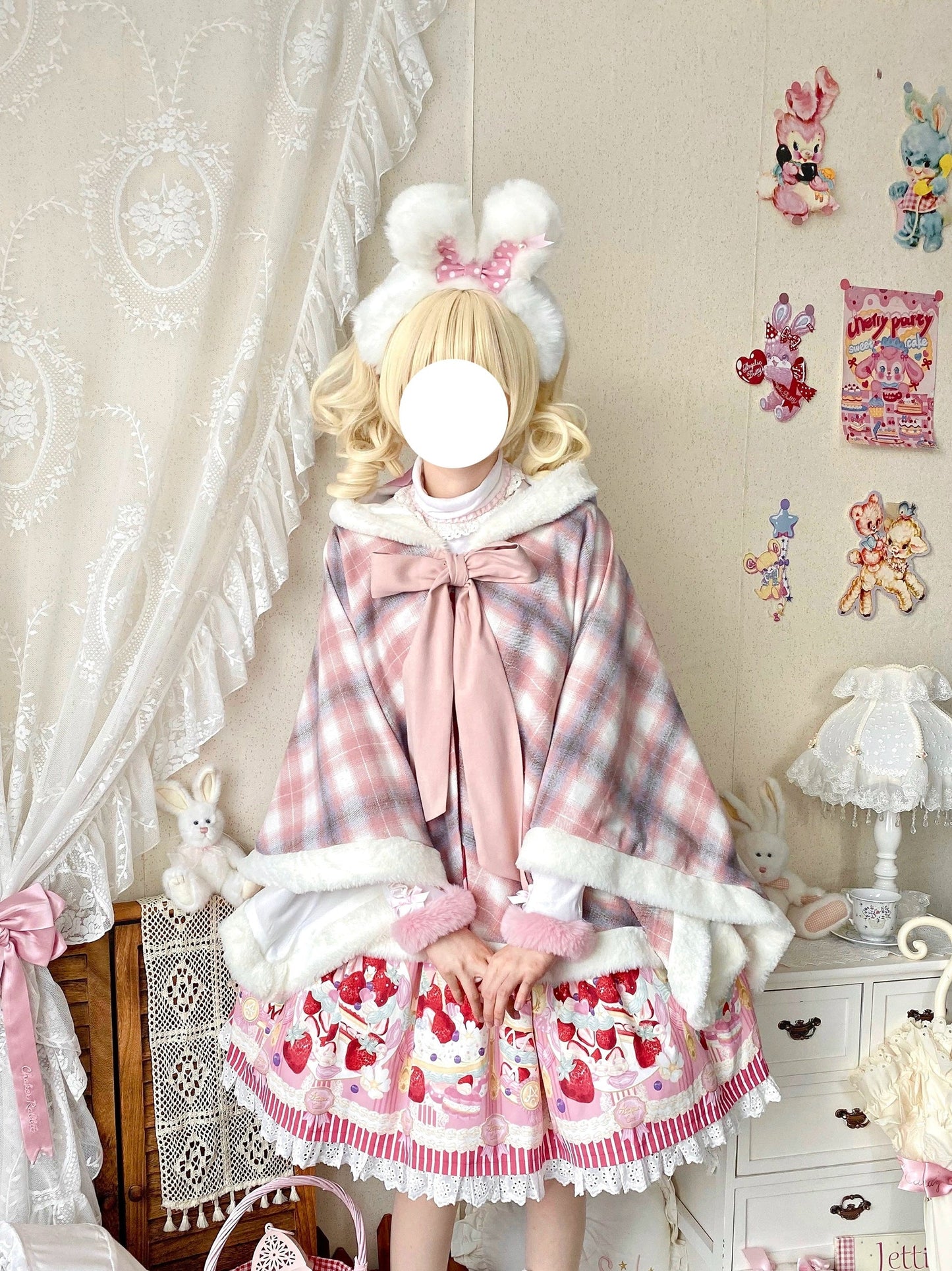 Qianmu - Waffle - Kawaii Lolita Cape Daily Lolita Plaid Hoodie Cloak