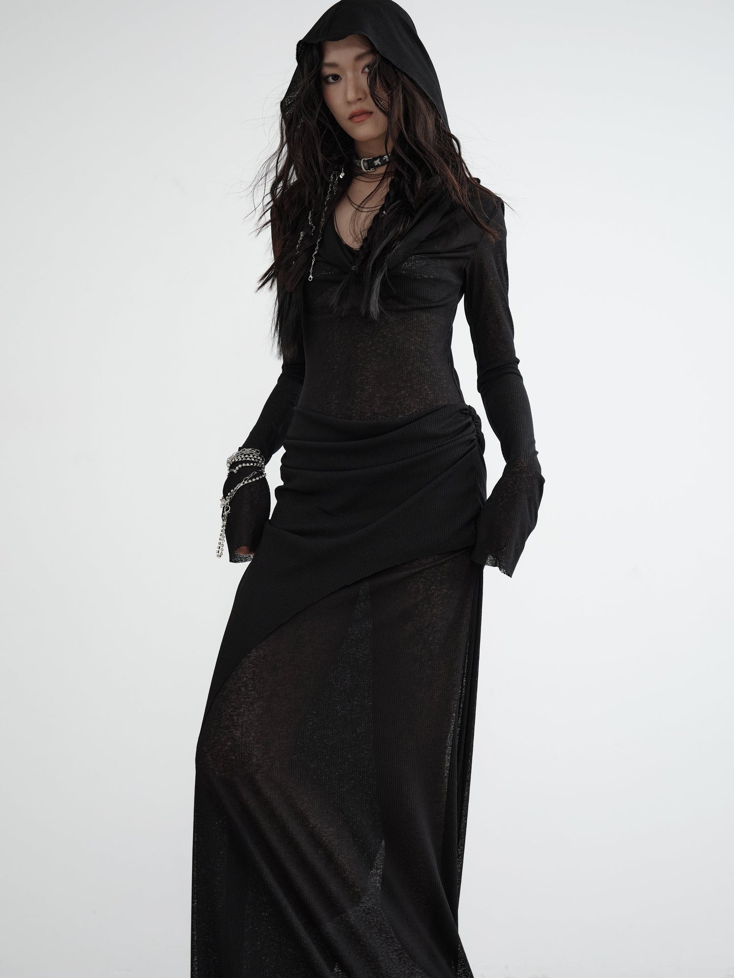 Semi-transparent Knitted Fake Two-piece Layered Hooded Dress