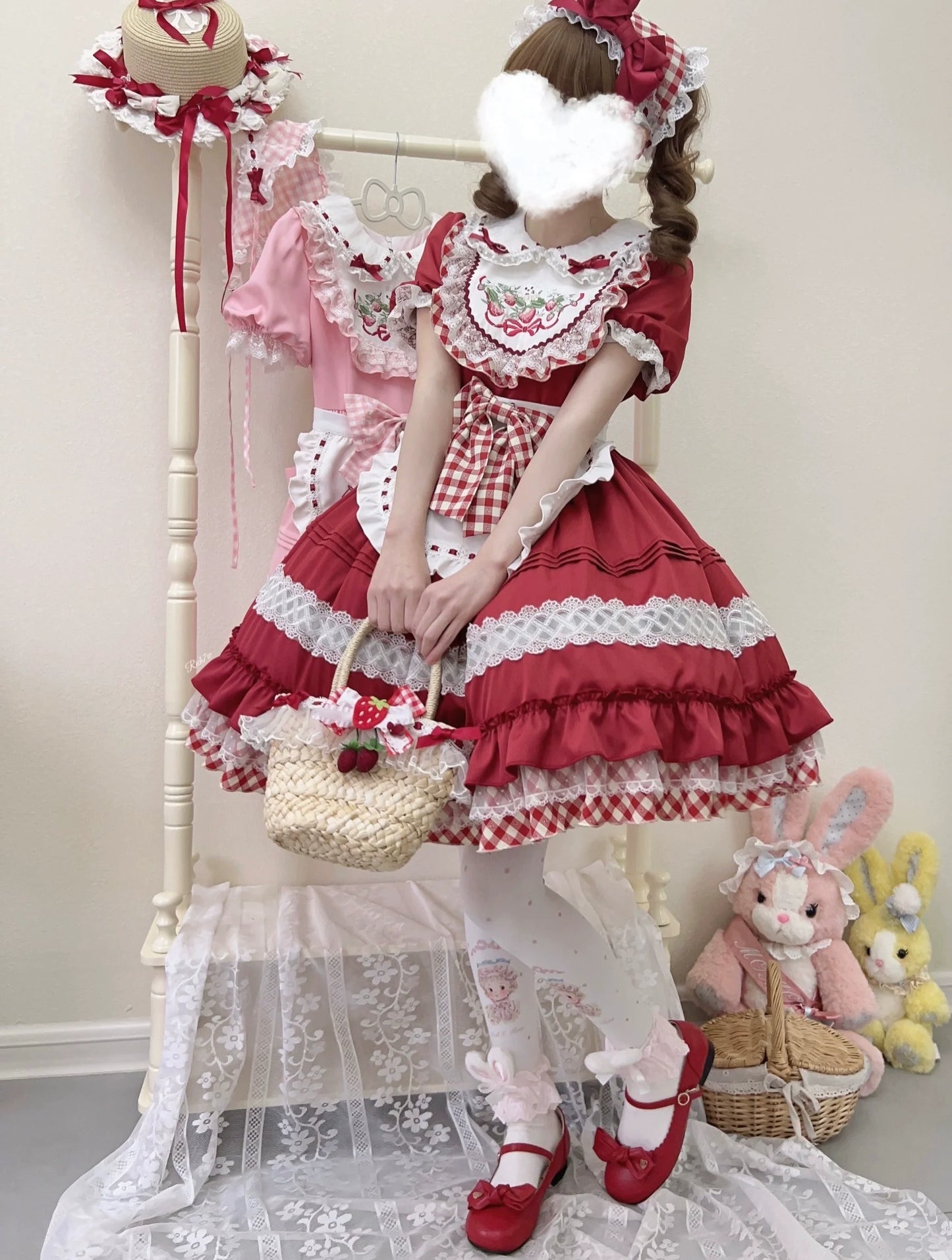 Sugar Girl - Strawberry Tea - Sweet Red Lolita OP Dress Short Sleeve Apron Dress