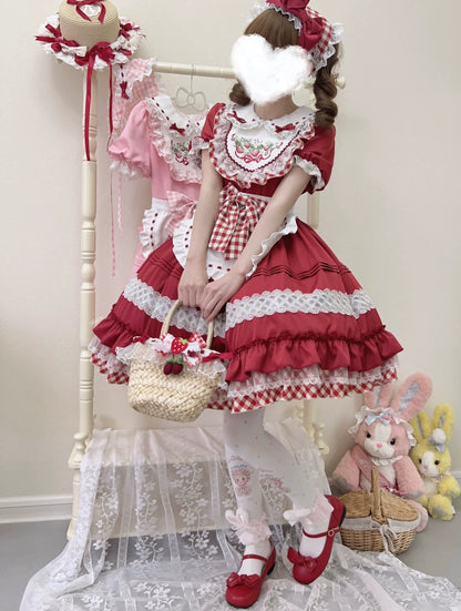Sugar Girl - Strawberry Tea - Sweet Red Lolita OP Dress Short Sleeve Apron Dress